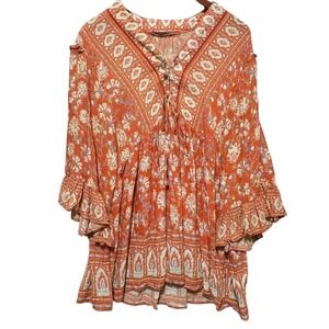 C&C California Boho‎ Paisley Peasant Tunic L Orange Festival Folk Cottagecore